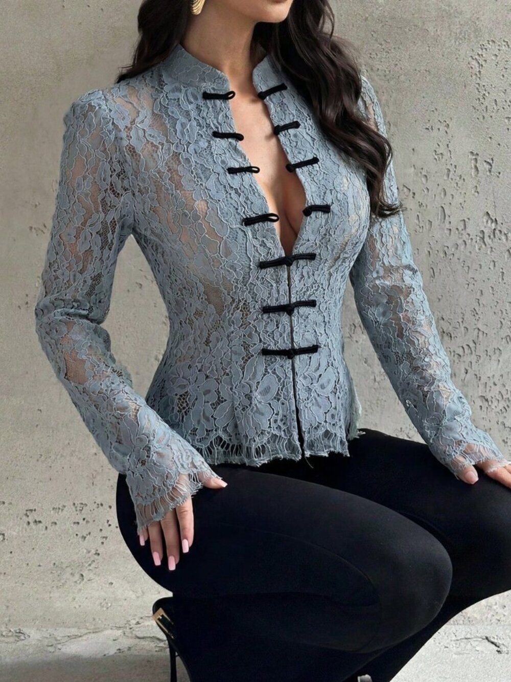 Dusty Blue Casual Women's Button Waist Lace Blouse